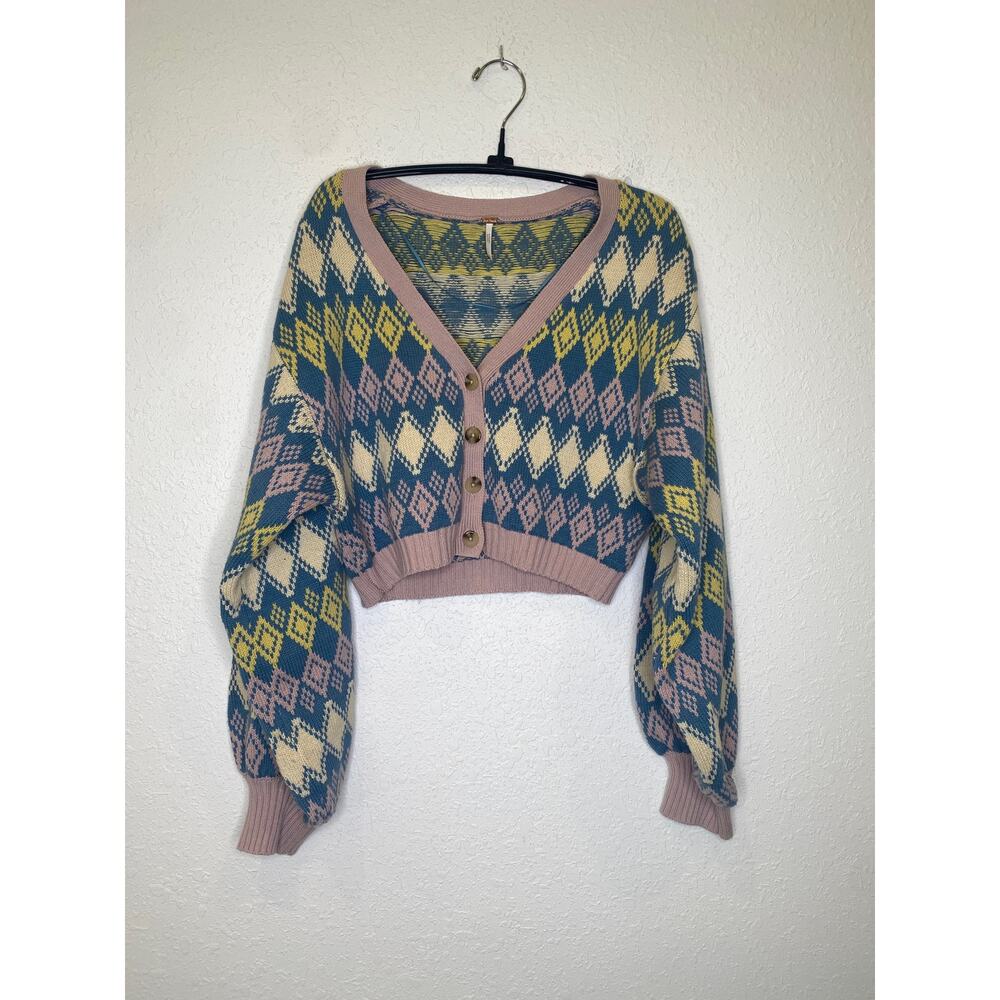 Free People Argyle Cardigan Sweater Mini Skirt Set EUC Sz XS Cotton Pink Blue